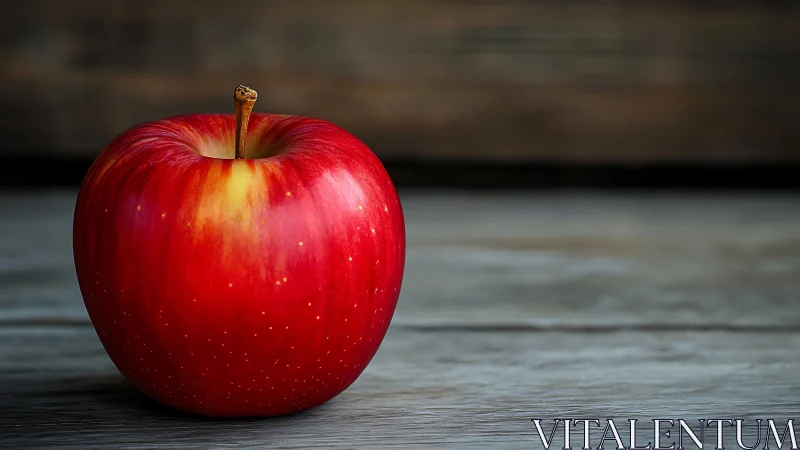 Red apple rests on wooden surface in sharp side lighting