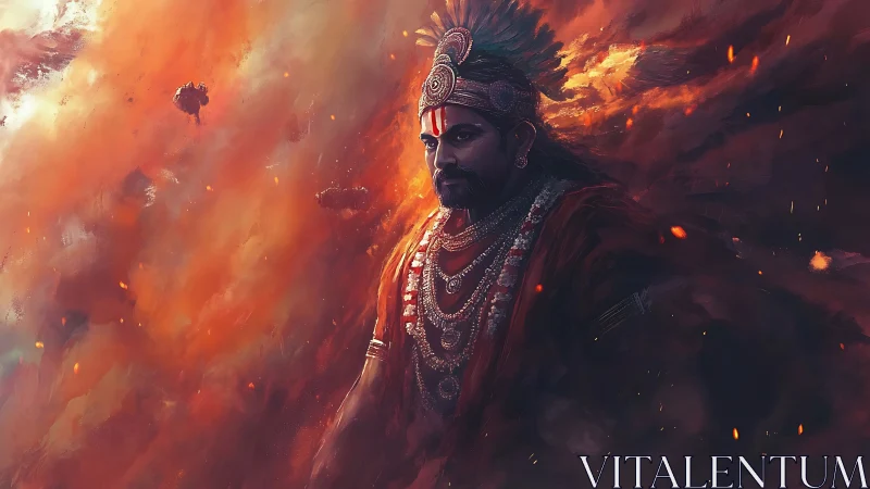 Warrior king in blazing embers and storming smoke sky.