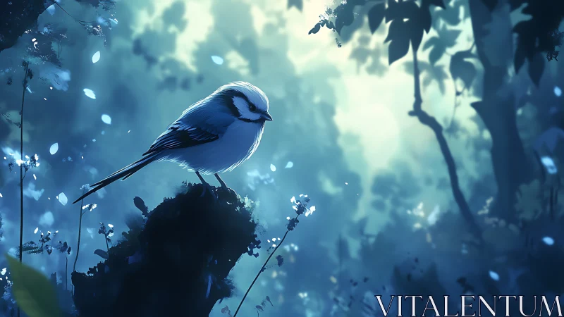 Dreamy blue forest with a small bird on a branch, digital art.