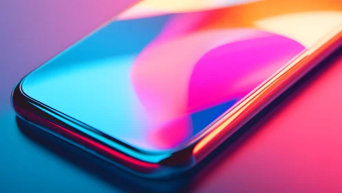 Modern smartphone close-up with vibrant neon reflections, digital art.