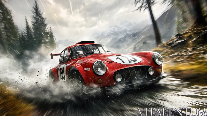 Red rally car on wet forest road with water spray motion.