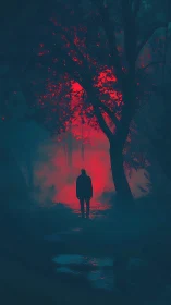 Lone silhouette walking into a crimson forest portal glow.