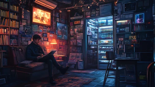 Cyber-noir reader in neon-lit archive room balances warm and cool tones