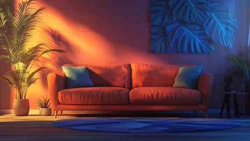 Modern orange sofa in dramatic blue and amber lighting scheme.
