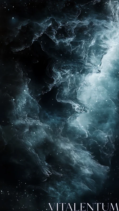 Ethereal nebula clouds in deep space with cold teal glow.