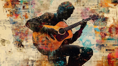 Silhouetted acoustic guitarist amid chromatic notation field.