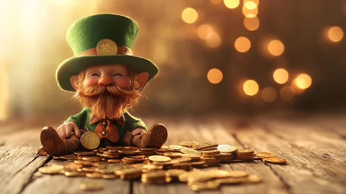 Smiling leprechaun lounges with glittering gold coins.