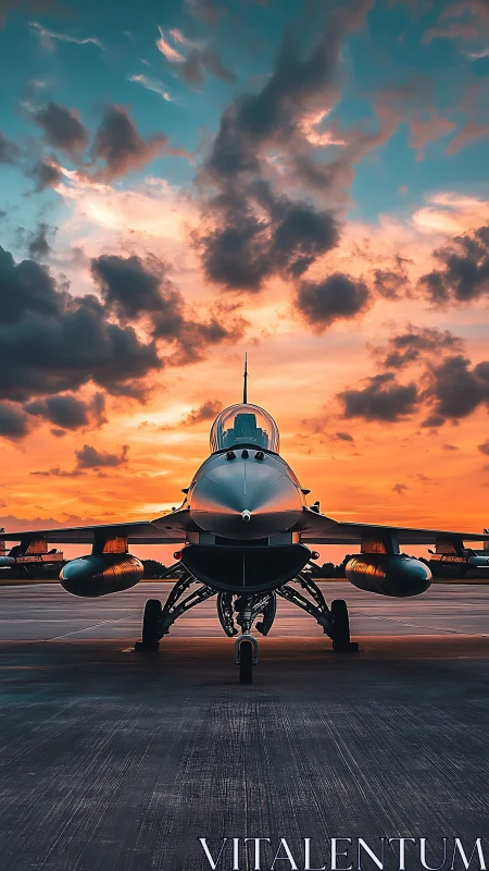 Fighter jet stands poised on runway beneath blazing sunset sky