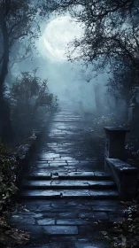 Moonlit stone stairway through misty haunted forest path.