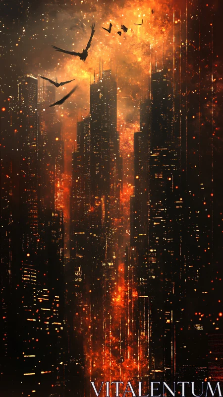 Vertical cityscape shows dark towers amid orange light plume