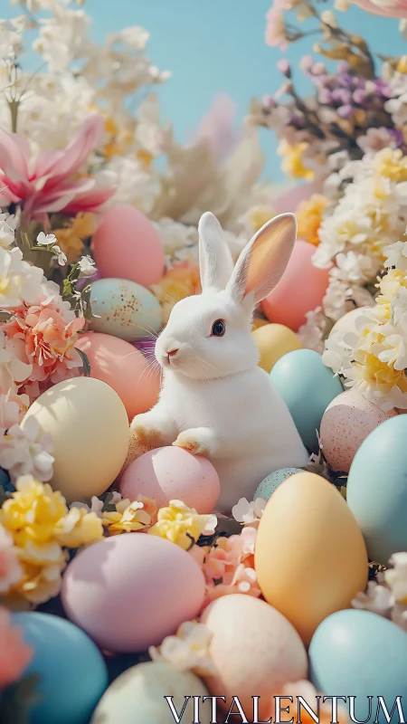 White rabbit sits among pastel Easter eggs and flowers