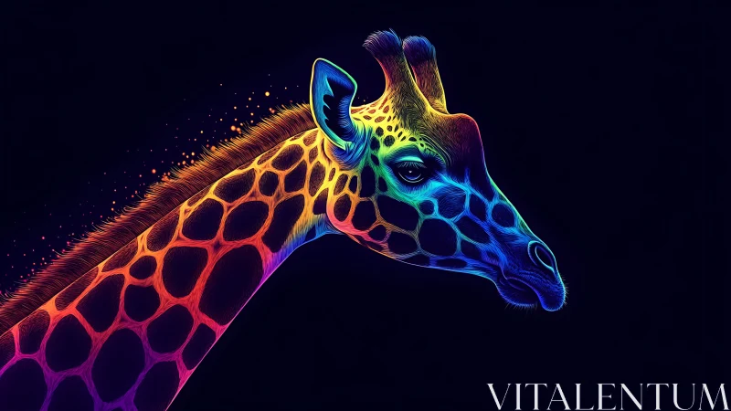 Neon gradient giraffe portrait on deep black background.