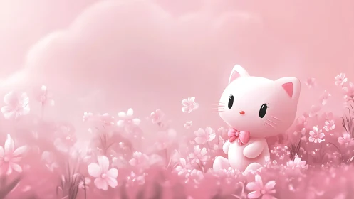 Monochrome pink cat figurine in diffuse floral fogscape.