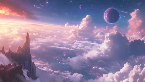 Dreamlit sky kingdom floating between clouds and planets.