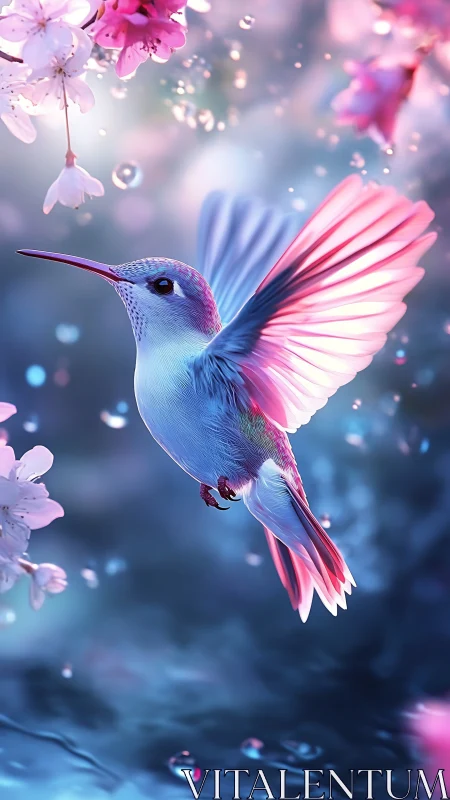 Softly glowing hummingbird pauses among dreamy blossoms