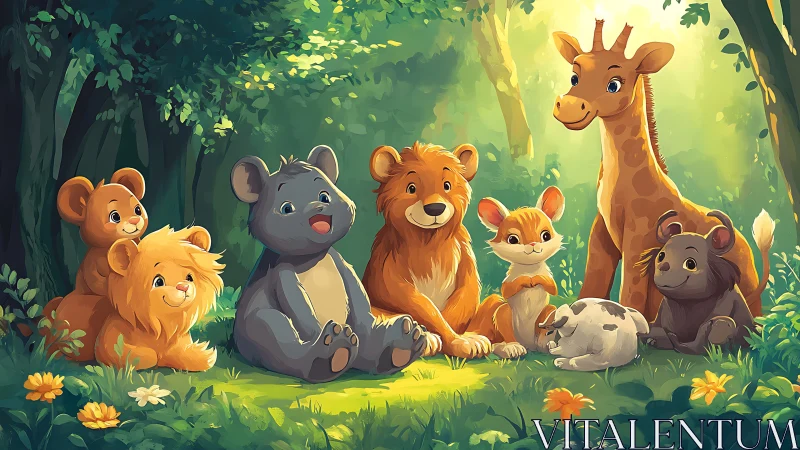 Sunlit forest picnic gathers cuddly baby animal best friends