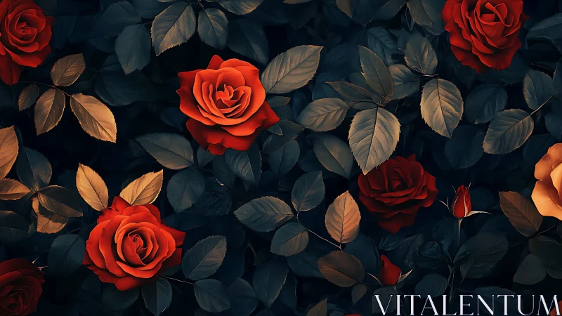 Red roses with layered foliage on dark background