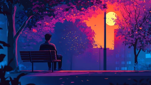 Solitary figure contemplates a neon dusk in a quiet city park
