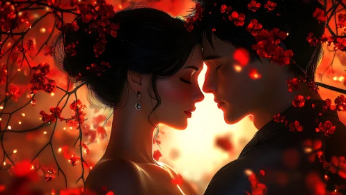 Two figures silhouetted in profile with luminous profiles against flowering vines