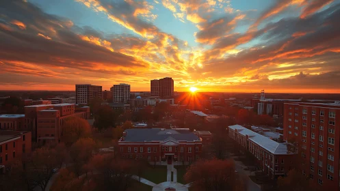 Urban campus skyline under high-contrast radiative sunrise glow.