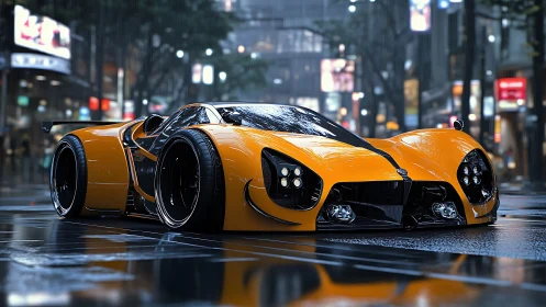 Low-slung hypercar cuts through neon-lit wet urban streets