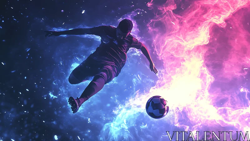 Digital soccer kick amid neon blue and pink energy flames.