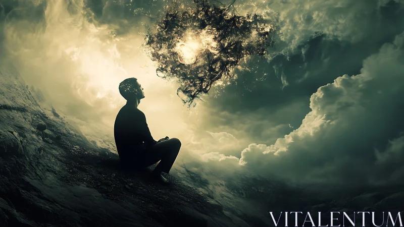 Silhouetted figure studies luminous swirling cloud mass