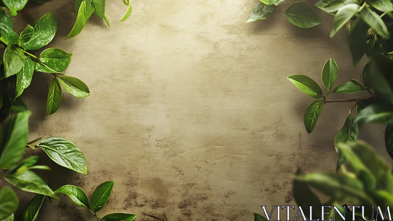 Verdant leaves framing rustic textured parchment background.
