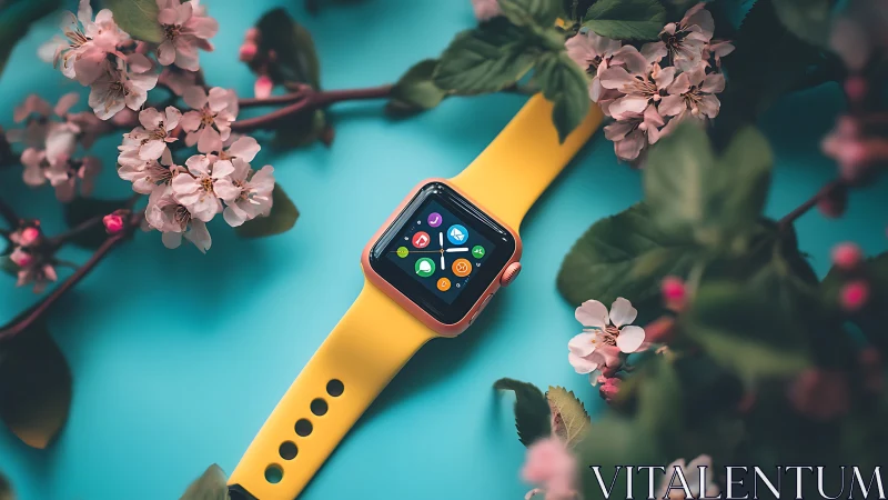 Smartwatch with yellow band amid pink blossoms on blue surface.