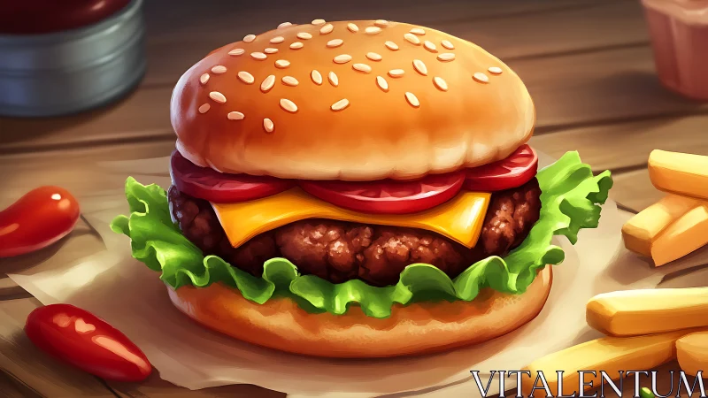 Sunlit burger throne crowns crispy fries in cozy glow