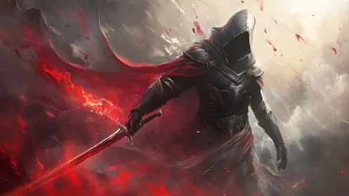 Hooded dark warrior with flaming red sword in misty void.