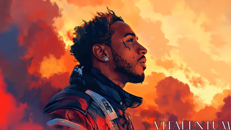 Sunset dreams around a thoughtful profile in warm clouds.