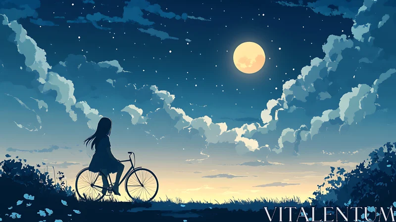 Moonlit cyclist drifts beneath storybook twilight sky.