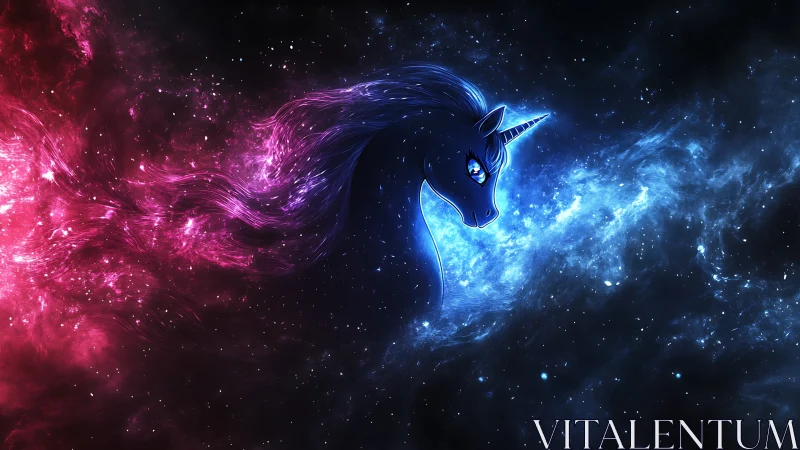 Starlit nebula unicorn drifting between crimson and blue.