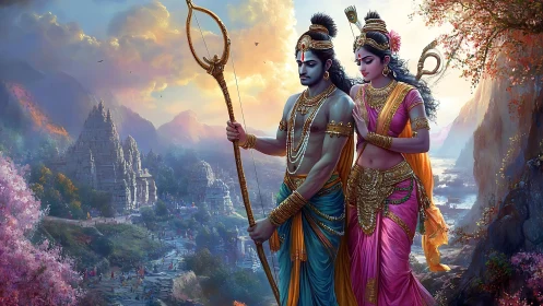 Divine couple walks through mystical valley of ancient temples