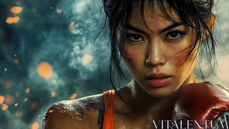 Determined Boxer in Rain with Fierce Expression.