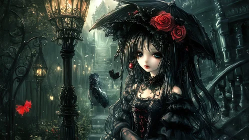 Gothic girl holds lace parasol under lamplight on staircase