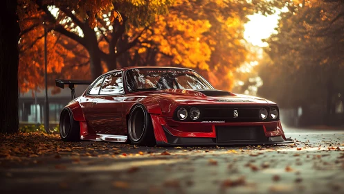 Widebody red classic street car under golden autumn trees.