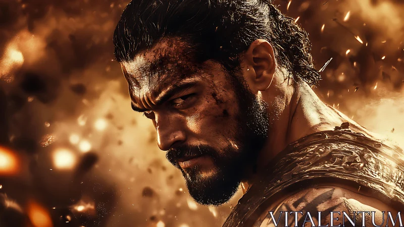 Battle-worn warrior portrait in molten amber backlight.