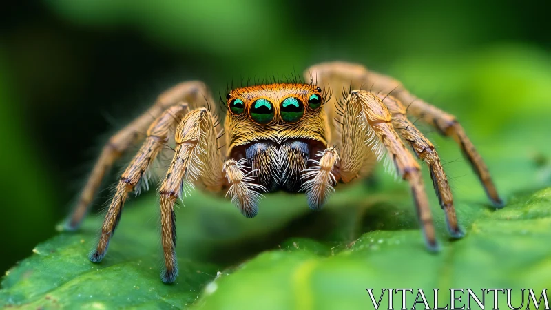 Curious jumping spider gazes calmly from a bright green leaf