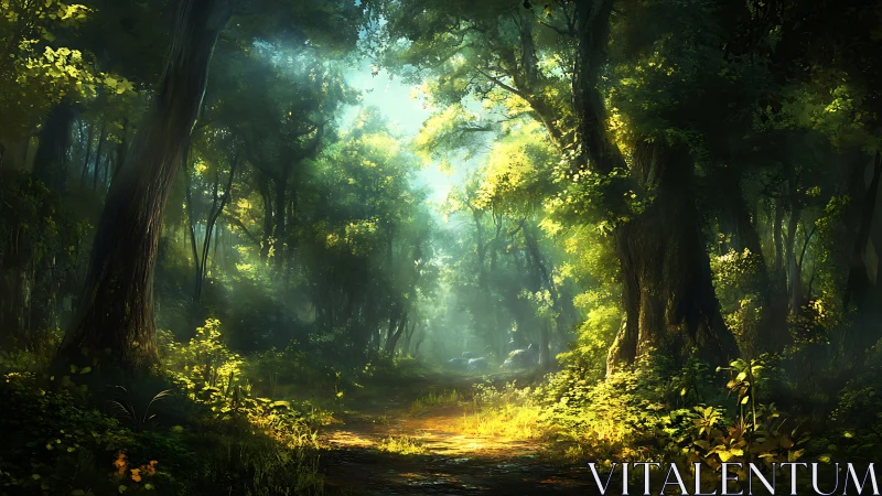 Luminous Forest Canopy: Ancient Deciduous Woodland Corridor with Dappled Sunlight