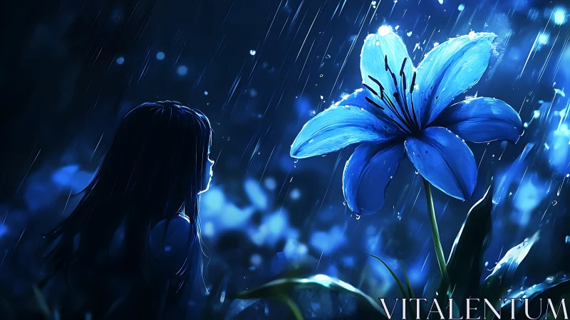 Nocturnal rainfall study with luminous blue lily profile.