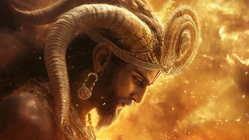 Solar-crowned horned deity leans into a storm of burning light