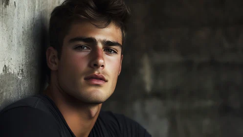 Close-up male portrait against concrete wall, soft side light