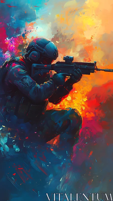 Armed tactical figure in kneeling pose amid color field.