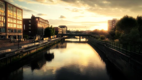 Urban canal at sunset with reflective water surface.
