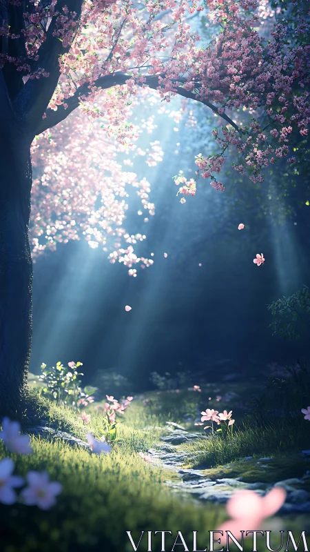 Petal-bright woodland path inhales the morning light