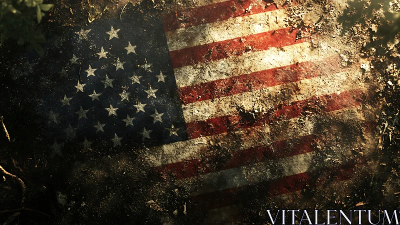 Weathered United States flag lying flat on dusty ground.