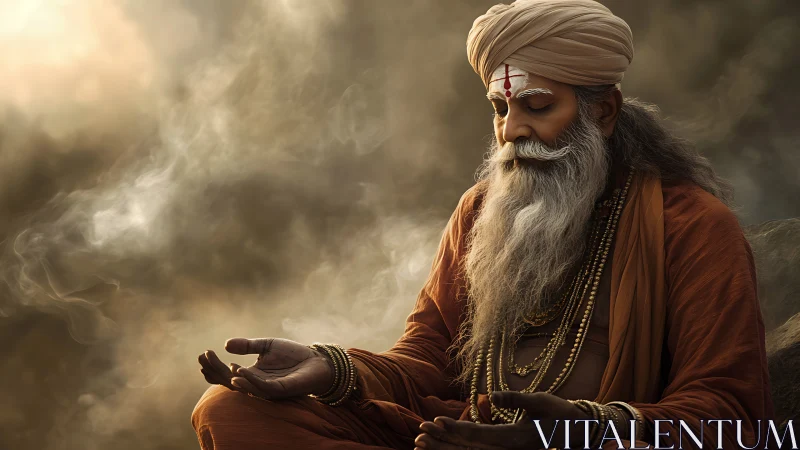 Elderly sage in meditative posture rendered photorealistically