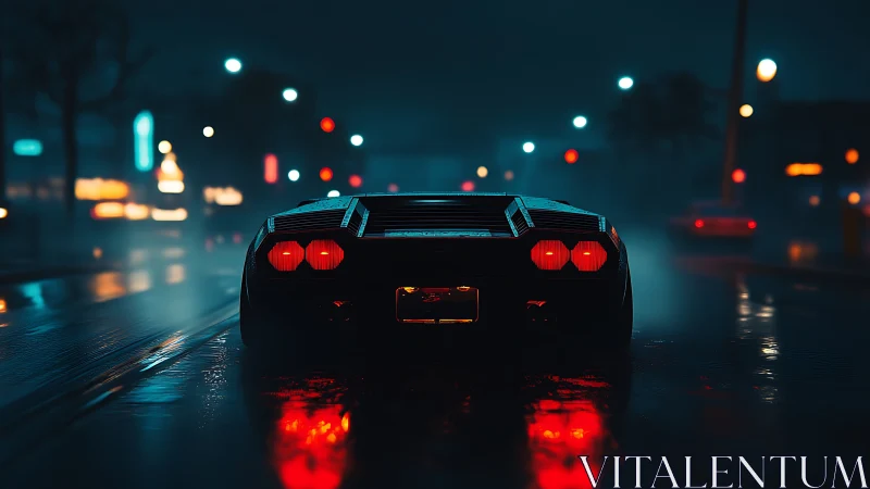 Retro supercar taillights on wet neon city street at night.